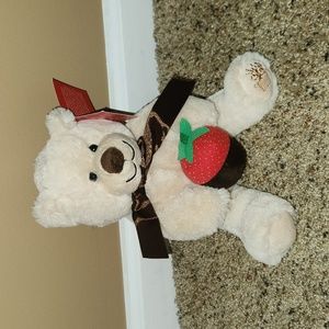 Teddy bear holding a chocolate covered strawberry